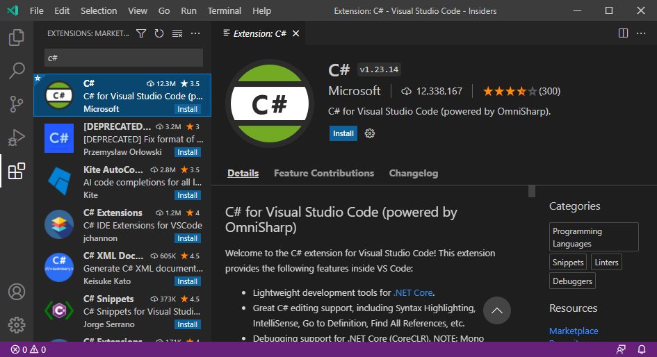 Installing the C# extension in Code